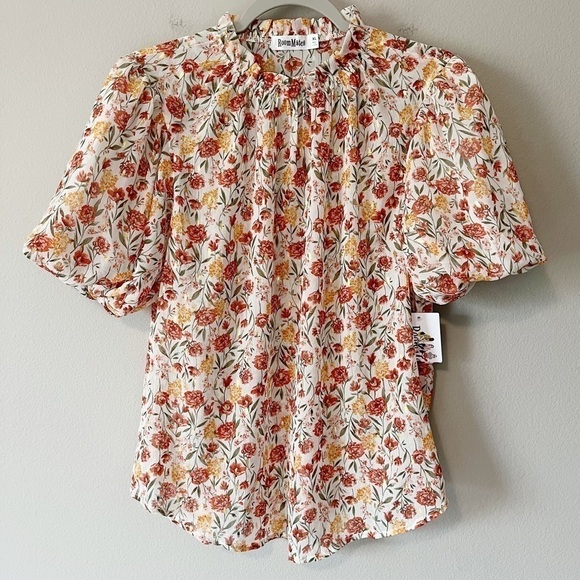 Roommates NWT Semi-Sheer Floral Print Blouse Short Puff Sleeves Size XL - Picture 2 of 11
